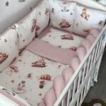 Set Bumper Vozići i Puder roze Vichy – Ogradica sa tri strane, pletenica, plahta, jastuk, jorgan
