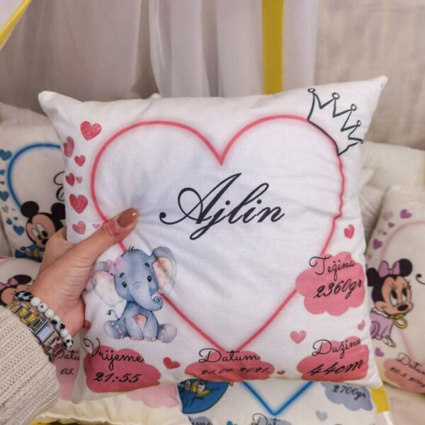 Jastuk s podacima rođenja bebe Roze Slon