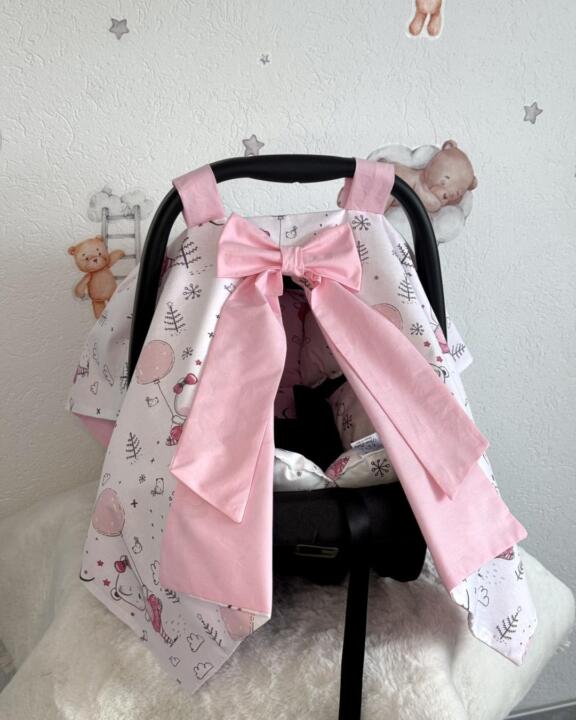 Set podloga i prekrivač za autosjedalicu - Roze medo s balonom