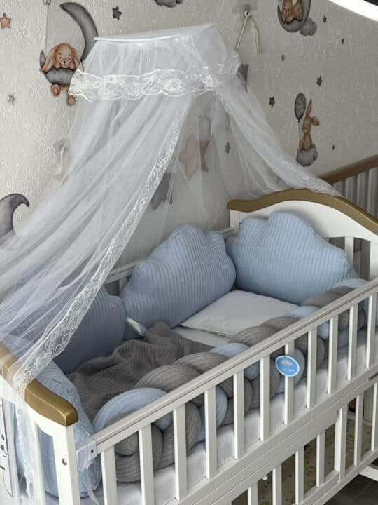 Set Cloud Plava i Siva - Ogradica sa tri strane, pletenica, plahta, jastuk i dekica