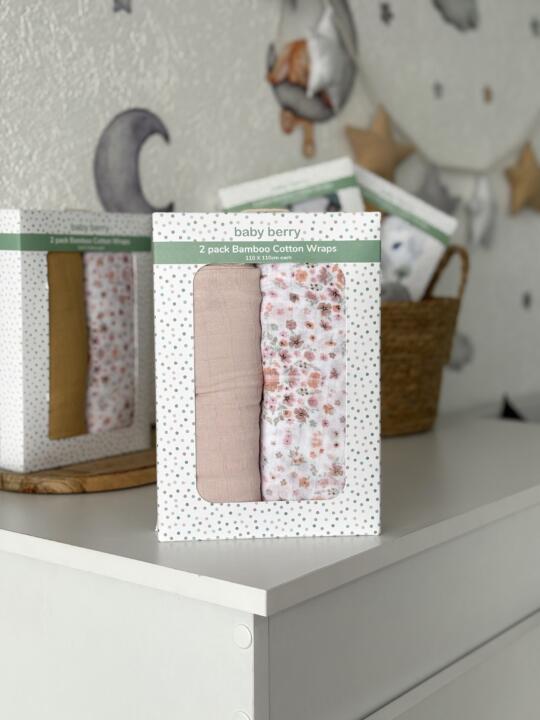 Set Baby Bamboo dvije muslin pelene 110x110cm Baby Berry - Roze Cvjetići