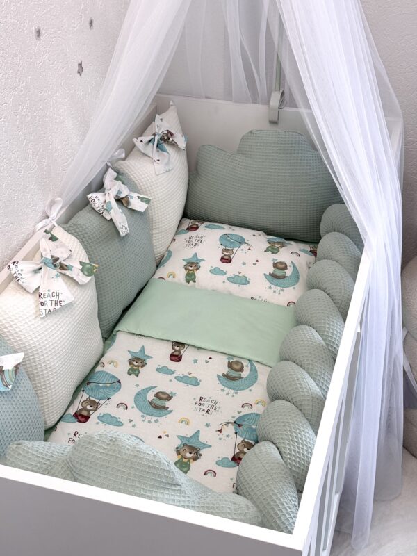 Set Waffle Zelena Bijela - Ogradica sa tri strane, pletenica, plahta, jastuk i jorgan