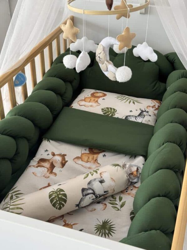 Set Braid Bež Safari i Zelena - Pletenica sa 4 strane, plahta, jastuk, jorgan i dva ukrasna jastuka