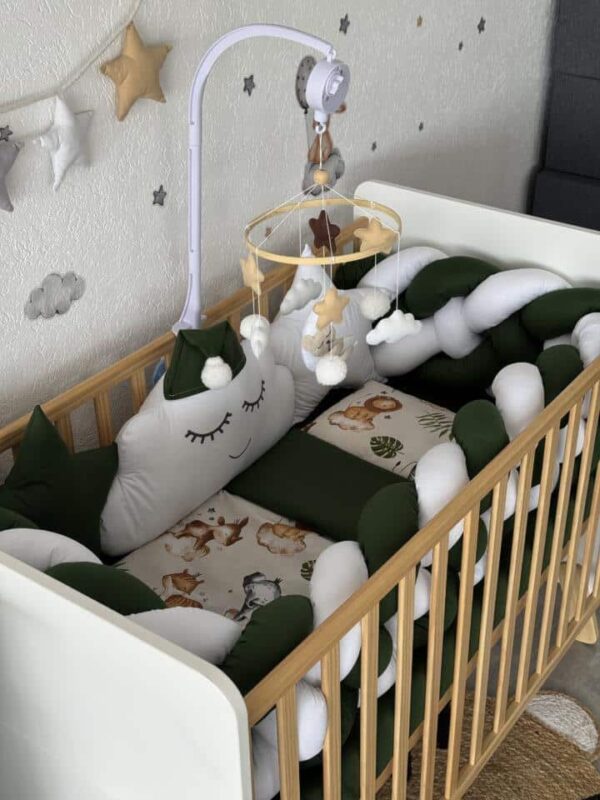 Set Zvonko Bež Safari i Zelena/Bijela - Pletenica sa 3 strane, oblak, dvije zvijezde, plahta, jastuk i jorgan