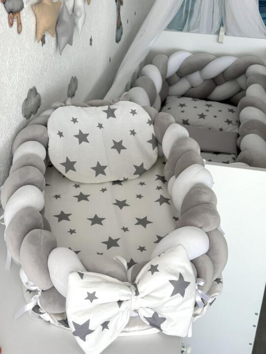 Gnijezdo Velvet pletenica - Bijela/Siva i Sive Zvijezde