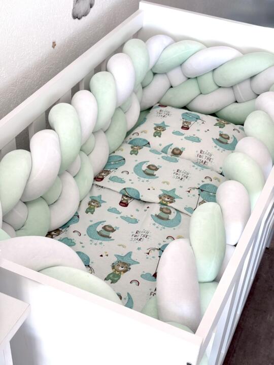 Set PREMIUM Velvet Mint/Bijela i Tirkiz Balon - Pletenica sa 4 strane, plahta, jastuk i jorgan