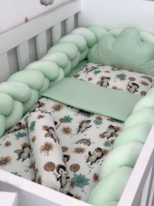Set Velvet Braid Pingvini i Mint - Pletenica sa 4 strane, plahta, jastuk, jorgan i dva ukrasna jastuka