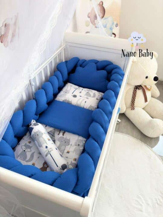 Set Braid Kraljevsko Plava i Tipi Životinje - Pletenica sa 4 strane, plahta, jastuk, jorgan i dva ukrasna jastuka