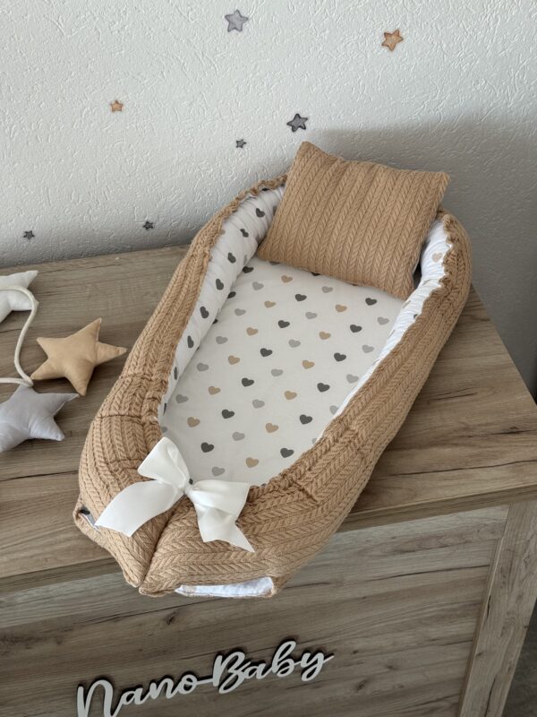 Gnijezdo Pletenina s jastukom - Bež i Bež srca